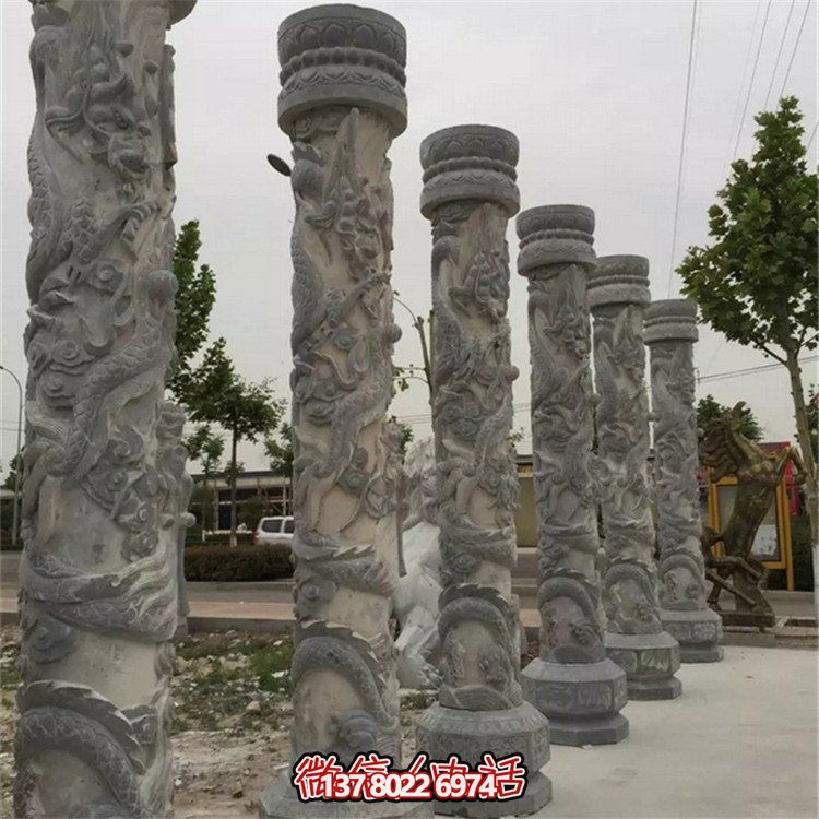 天然大理石浮雕龍盤柱，裝飾園林廣場的精美擺件