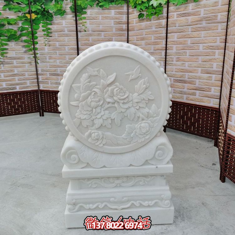 中式風(fēng)格天然漢白玉石雕抱鼓浮雕門墩，花開富貴