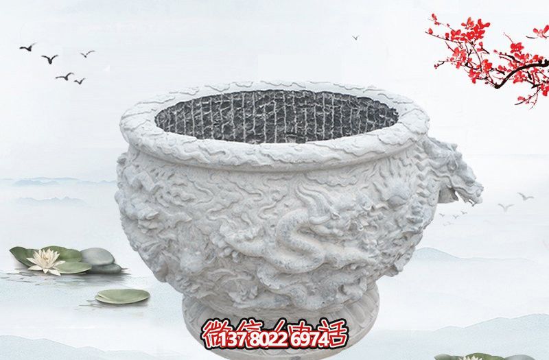漢白玉石雕龍浮雕水缸雕塑，為庭院增添優雅氣息
