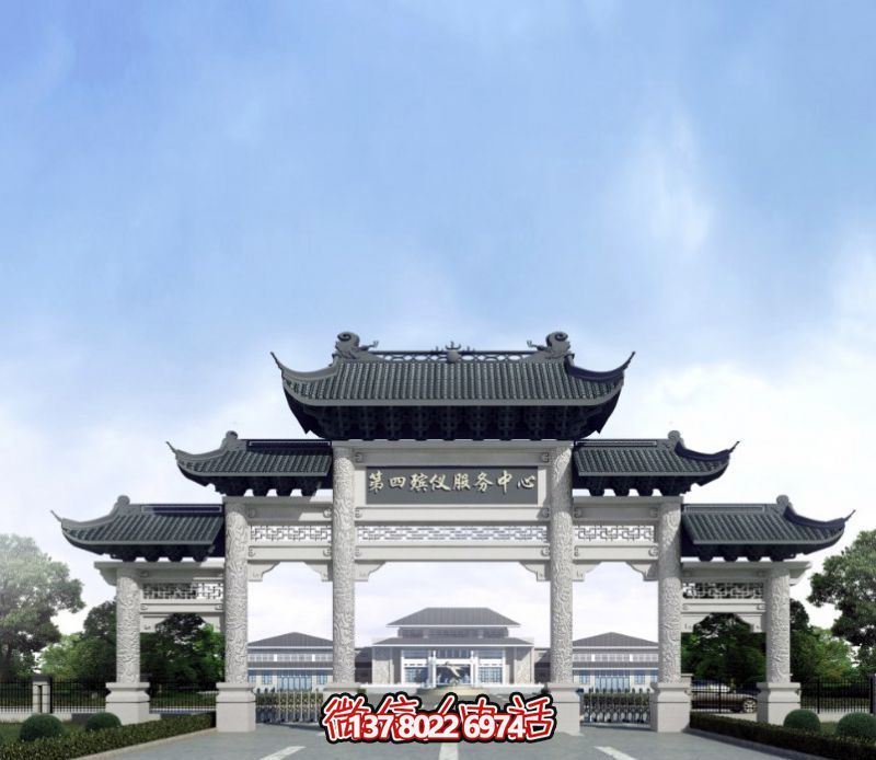 一座新式殯儀館五門景觀、青瓦斗拱、牌樓等高雅裝飾